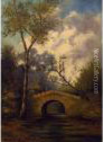 :paysage Au Pont Oil Painting - Eugene Jules Delahogue
