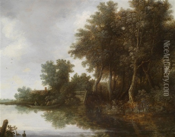 Flusslandschaft Mit Einem Fahrboot Und Einem Angler Oil Painting - Cornelis Hendriksz Vroom