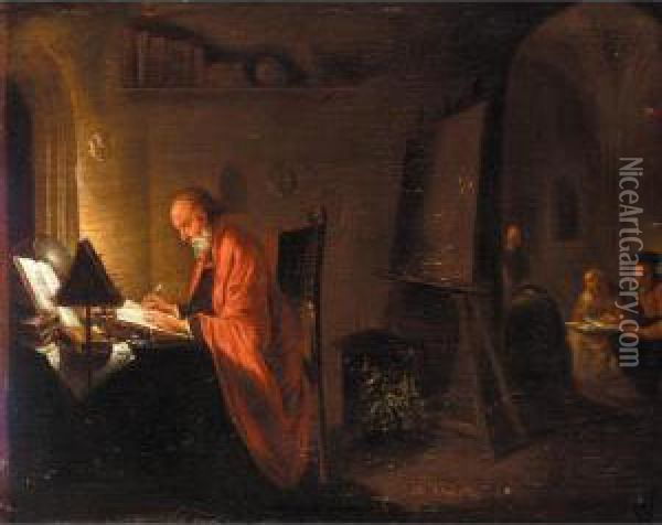 A Scholar In His Study Oil Painting - Hendrick Heerschop or Herschop