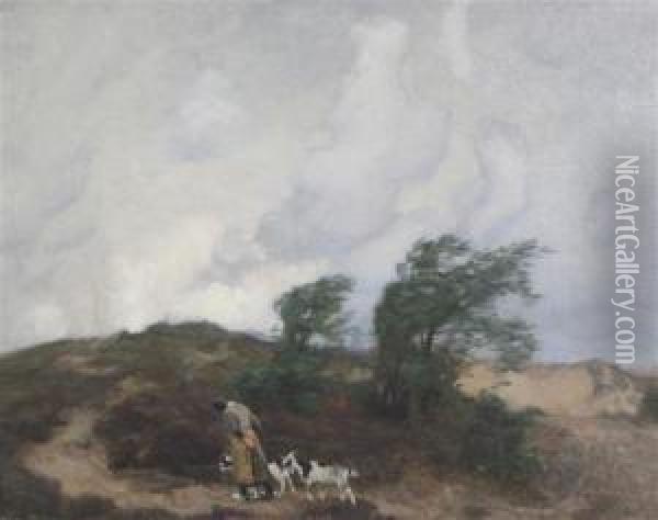 Goat Herder In A Windswept Landscape Oil Painting - Adrian Scott Stokes
