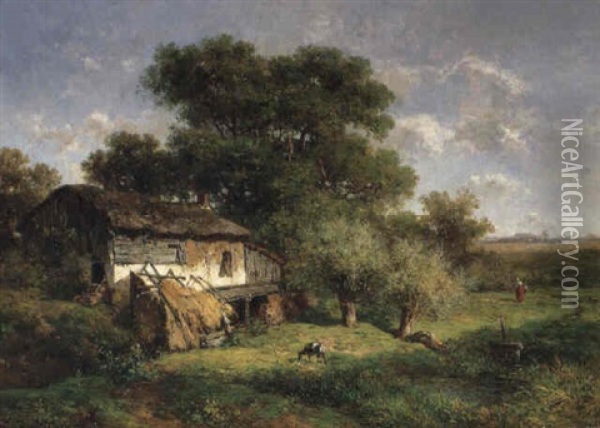 A Wooded Landscape With A Peasantwoman And A Goat Oil Painting - Willem Roelofs