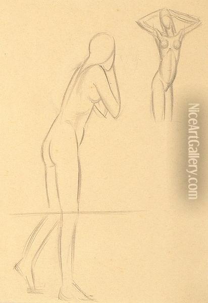 Studies Of A Standing Female Nude, C.1930 Oil Painting - Eric Gill