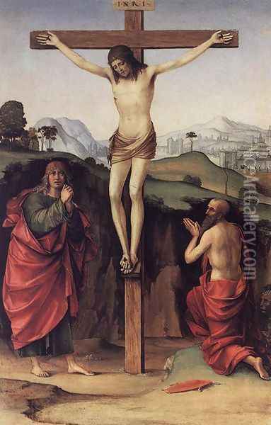 Crucifixion with Sts John and Jerome c. 1485 Oil Painting - Francesco Francia