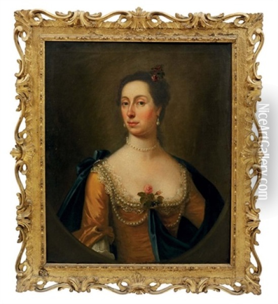 Portrait Of Woman Traditionally Identified As The Sister Of Samuel Cook In A Golden Silk Dress And Blue Wrap, Draped In Pearls, A Rose At Her Corsage Oil Painting - Francis Lindo