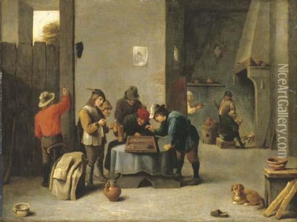 Peasants Playing Backgammon Oil Painting - David The Younger Teniers