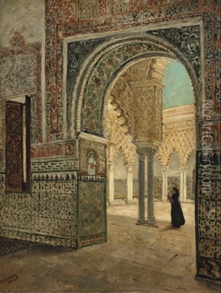 A Glance At The Courtyard Of The Alcazar Real De Sevilla, Spain Oil Painting - Gustave Walckiers