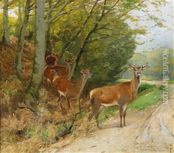 Pack Of Red Deer Crossing A Track Oil Painting - Christian (Johann Christian) Kroener
