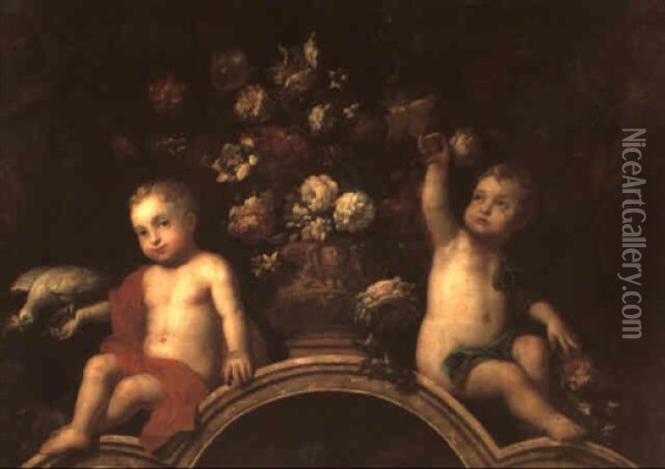 Putti Mit Blumenstraus Und Papagei Oil Painting - Abraham Brueghel