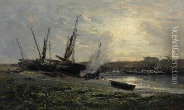 Docking Ships On The Norman Coast. Signed And Dated Bottom Right: 1873 Ar Veron Oil Painting - Alexandre Rene Veron