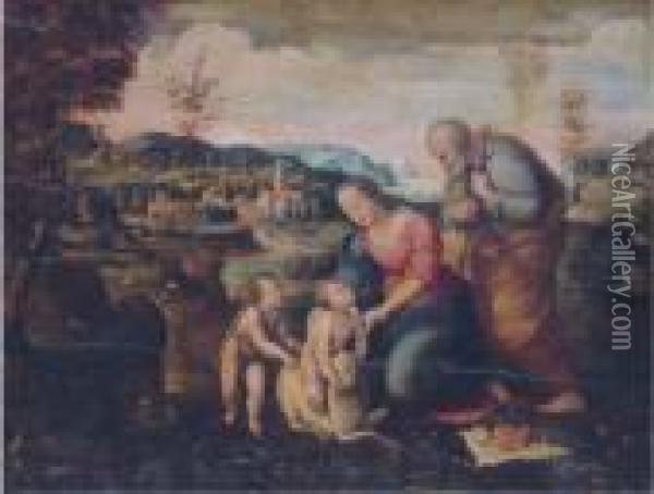 The Holy Family With The Infant Saint John Oil Painting - Raphael (Raffaello Sanzio of Urbino)