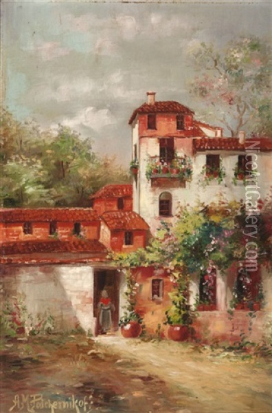 Figure In The Doorway Of A Spanish Style House Oil Painting - Alexis Matthew Podchernikoff