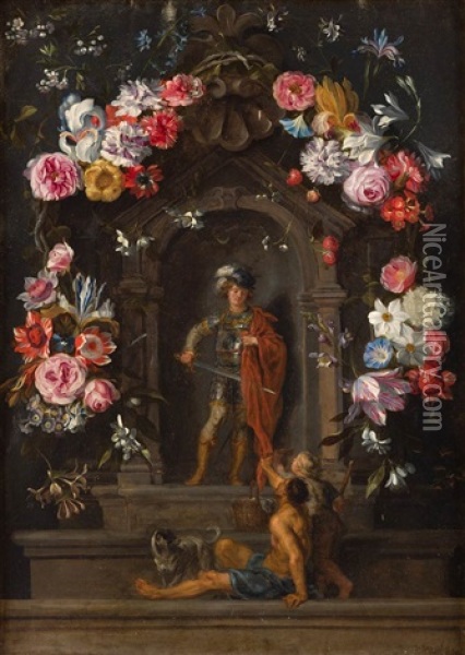 Par De Guirnaldas De Flores Con San Martin Y La Magdalena Oil Painting - Jan Peeter Brueghel