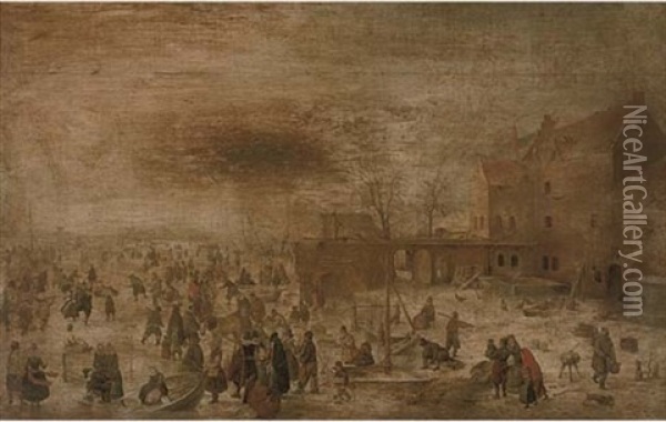 An Extensive Frozen River Landscape With Skaters And Other Figures By A Farmhouse Oil Painting - Hendrick Avercamp