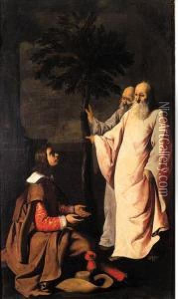 A Young Gentleman Kneeling Before Two Elders Oil Painting - Francisco De Zurbaran