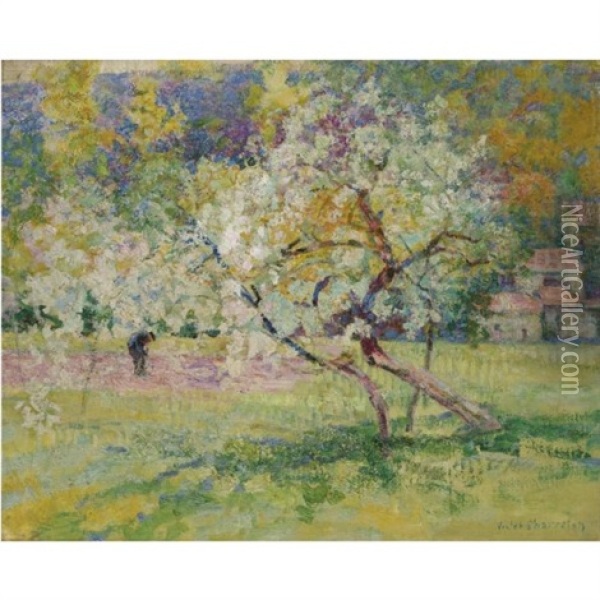 Arbres En Fleur Dans La Prairie, Auvergne Oil Painting - Victor Charreton
