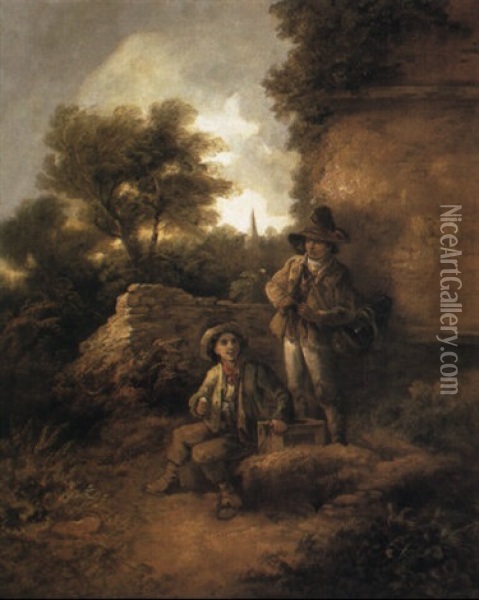 Travelling Boys With Performing Mice, In Landscape Oil Painting - Thomas Barker