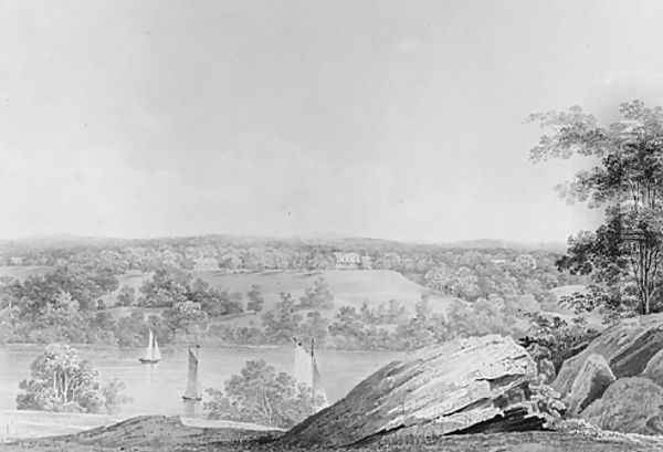View of the David Hosack Estate at Hyde Park, New York, from Western Bank of the Hudson River (from Hosack Album) Oil Painting - Thomas Kelah Wharton
