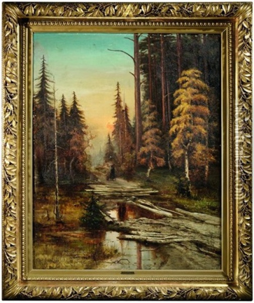 Waldinneres Bei Sonnenuntergang Oil Painting - Yuliy Yulevich (Julius) Klever