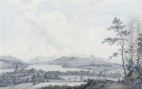 Vue De Thalweil.paysage Au Prere Du Laco De Zuric D'apres La Nature Oil Painting - Johann Jakob Aschmann