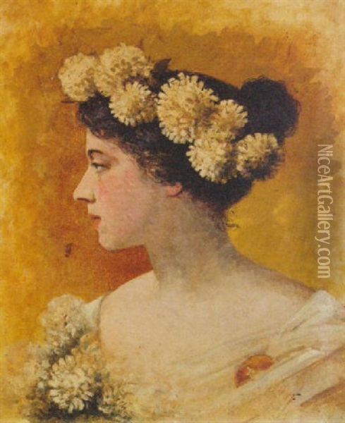 Portrait Of A Lady Wearing Flowers In Her Hair Oil Painting - Leon Bonnat