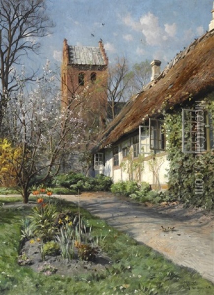 Springtime At Stenlose Church Oil Painting - Peder Mork Monsted