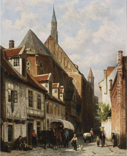 A Busy Street In Bremen With The Saint Johann Church In The Background Oil Painting - Cornelis Springer