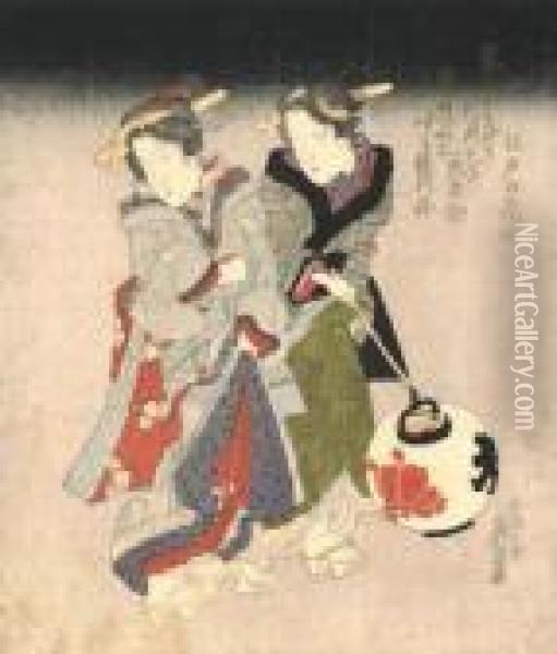 Deux Geisha, La Nuit, Se Promenent Avec Une Lanterne En Tenant Les Pans De Leurs Kimono. Oil Painting - Keisai Eisen