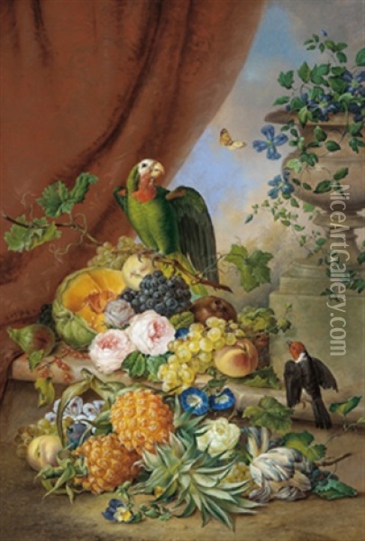 Groses Blumen- Und Fruchtestilleben Mit Papagei Oil Painting - Franz Xaver Petter
