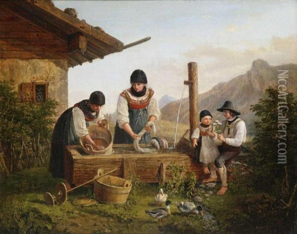Bei Der Wasche Vor Einem Gebirgsbauernhaus Oil Painting - Lorenzo I Quaglio