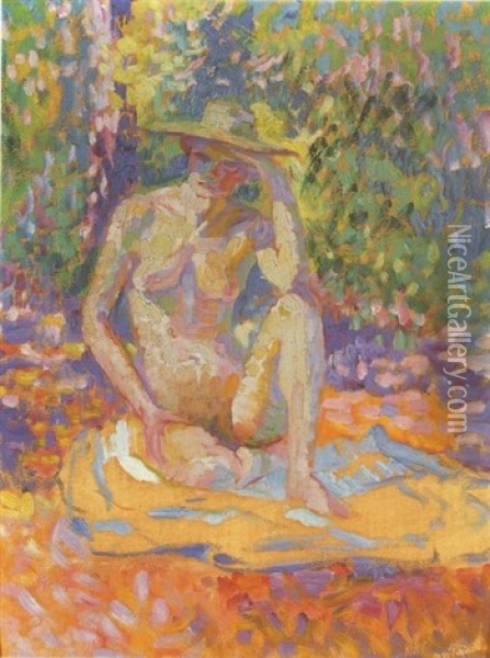 Etude Pour Nymphes: Femme Au Chapeau, Nu En Plein Air (study) Oil Painting - Henri-Edmond Cross