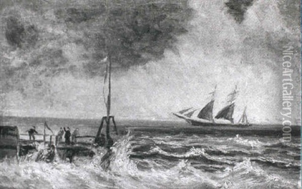 Marine Med Maend Pa En Mole Og Sejlskib Oil Painting - Holger Henrik Herholdt Drachmann