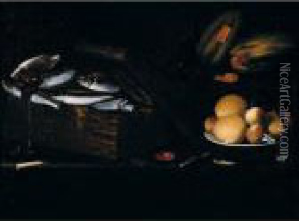 Still Life Of Fish And Squid In A
 Basket, Oranges And Peaches On A Plate, Together With Melons And A 
Knife, Arranged Upon A Table-top Oil Painting - Giuseppe Recco