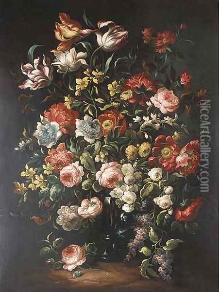 Tulips, roses, fritillaria, narcissae, lilac and other summer flowers in a glass vase Oil Painting - Dutch School
