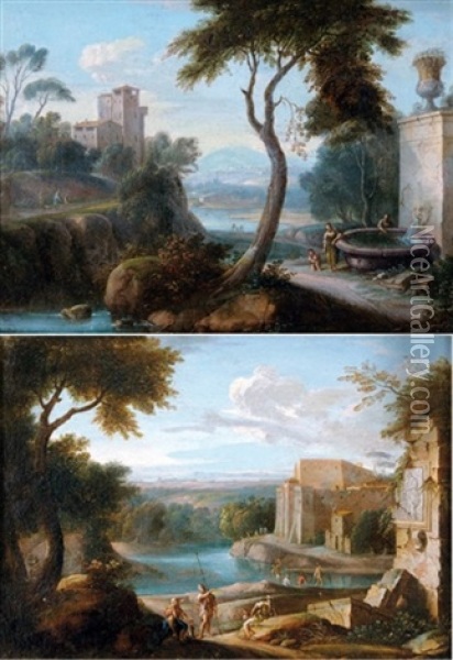 Paysage De Riviere Avec Ruines Romaines (+ Paysage Montagneux Avec Fontaine; Pair) Oil Painting - Hendrick Frans van Lint