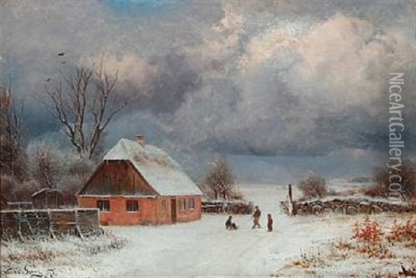 Winter Day With Children Playing In Front Of A Farmhouse Oil Painting - Nordahl (Peter Frederik N.) Grove