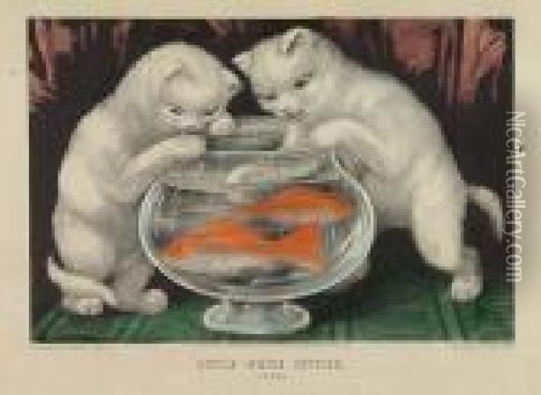 My Little White Kittie. After The Goldfish * Little White Kitties. Fishing. Oil Painting - Currier & Ives Publishers
