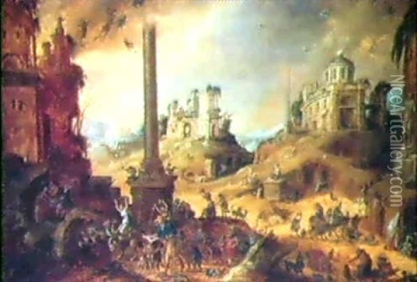 Scene De Sabbat Dans Un Paysage De Ruines Fantastiques Oil Painting - Claes Dircksz van der Heck