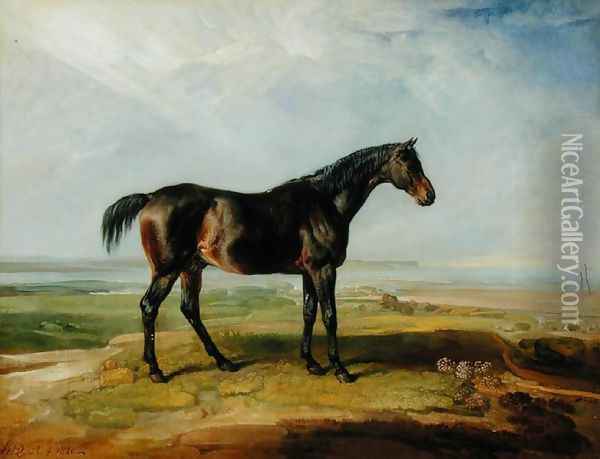 Dr. Syntax, a bay racehorse, standing in a coastal landscape, an estuary beyond Oil Painting - James Ward