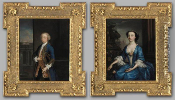Portrait Of Matthew Lynch Of Drimcong House, County Galway; And His Wife Miss Martyn, Both Three-quarter Length, He Standing, Wearing A Blue Coat With Gilt Frogging And A Yellow Embroidered Waistcoat, She Seated Wearing A Blue Dress Oil Painting - Philip Hussey