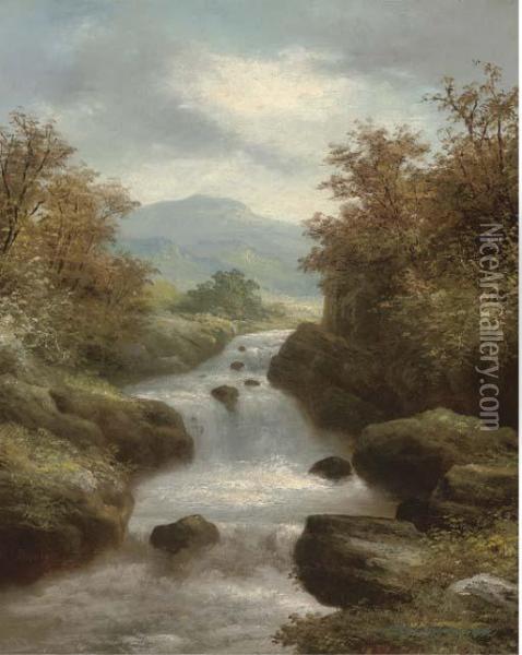 A Waterfall In A Mountainous Landscape Oil Painting - R. Marshall