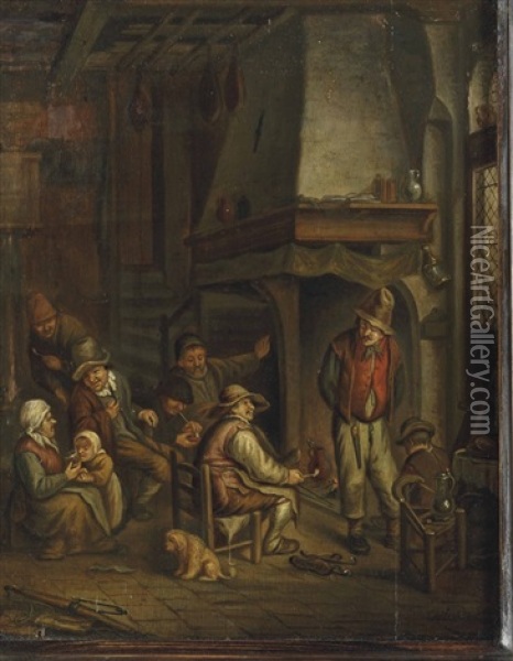 Figures Smoking And Conversing By A Fireplace In An Interior Oil Painting - Jan Josef Horemans the Elder