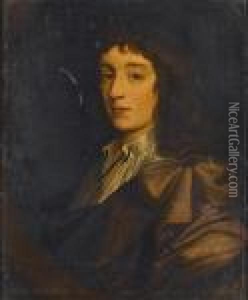 Portrait Of A Young Man 
Bust-length, In A Brown Wrap With A White Shirt, In A Painted Oval Oil Painting - Sir Peter Lely