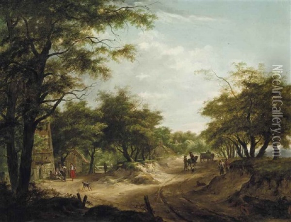 A Wooded Landscape With Travellers On A Track And Figures At Rest Before An Inn Oil Painting - Hermanus Van Brussel