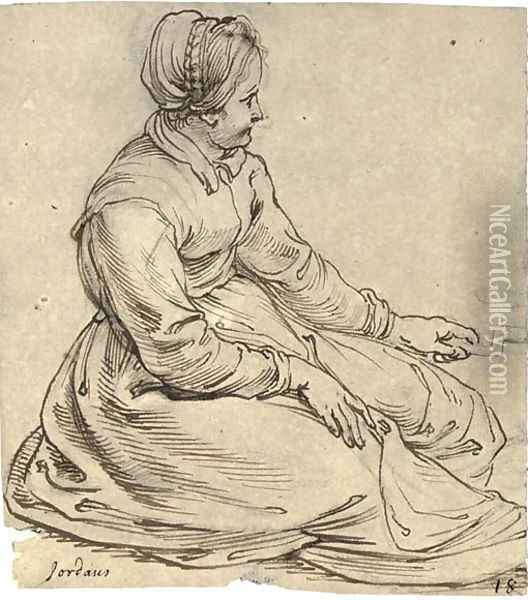 A seated girl wearing a cap, in profile to the right, turning a spit Oil Painting - Sir Peter Paul Rubens