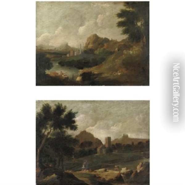 Paesaggi Con Viandanti E Pescatori (pair) Oil Painting - Gaspard Dughet