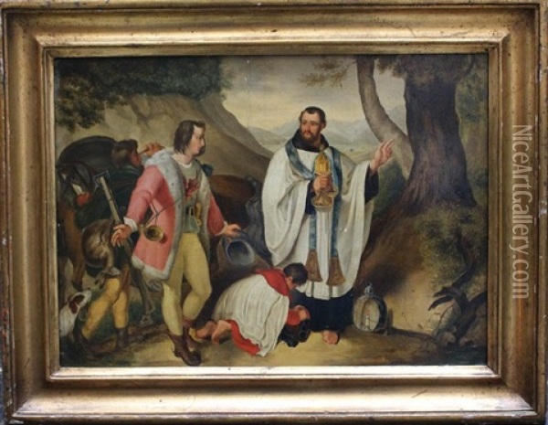 A Priest With His Scholar Pointing Some Hunters The Way In Landscape Oil Painting - Julius Schnorr Von Carolsfeld