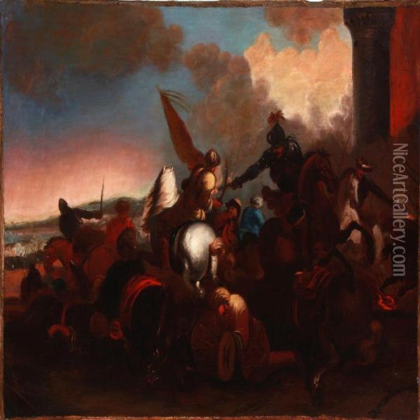 Battle Scene With Warriors On Horsebacks Oil Painting - Jacques Courtois Le Bourguignon
