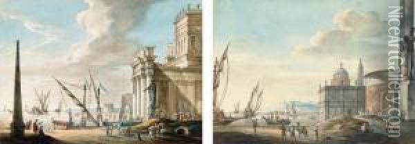 A Capriccio Of An Obelisk And A 
Classical Temple; And A Capriccio Of Ships Off A Classical Harbour Oil Painting - Jacob Van Der Ulft