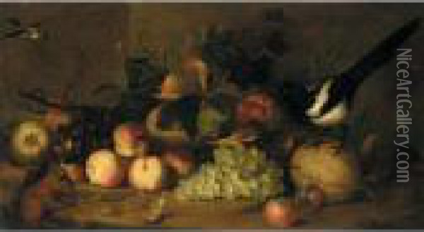 Still Life Of Fruit With A Magpie And A Red Squirrel In A Landscape Setting Oil Painting - Jakob Bogdani Eperjes C