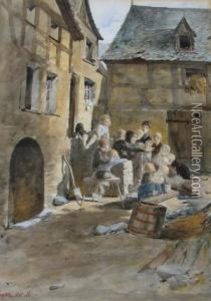 Children Gathered Around An Old Woman In A Courtyard Oil Painting - Hugo Zieger